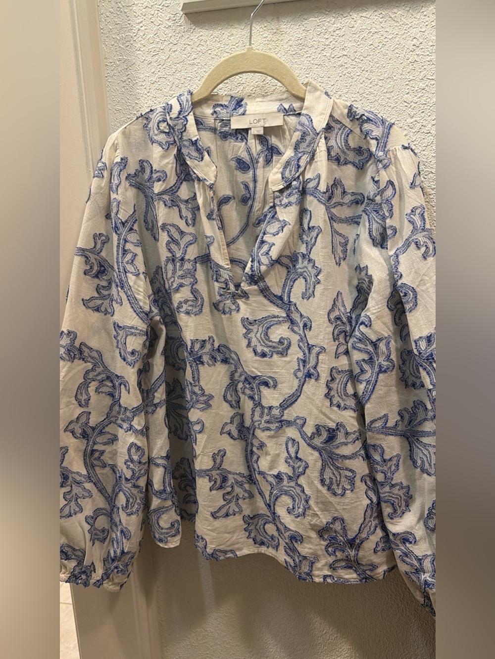 LOFT White Blouse with Blue Embroidered Scroll Pattern